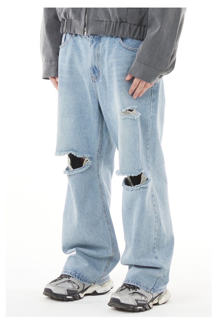 Slash Cut Light Blue Baggy Denim