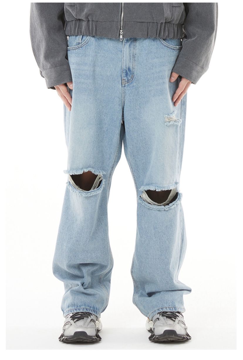 Slash Cut Light Blue Baggy Denim