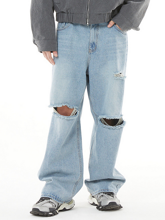Slash Cut Light Blue Baggy Denim